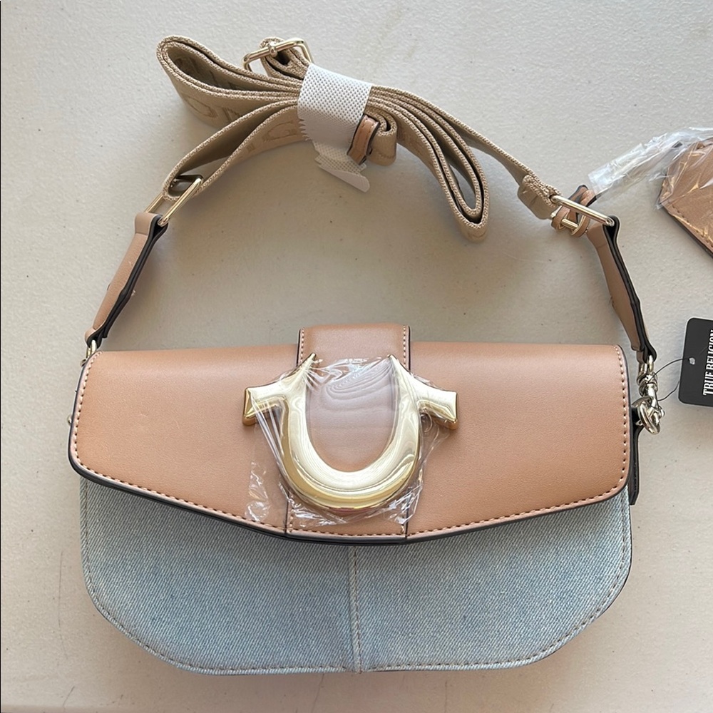 True religion tan and Denim Bag